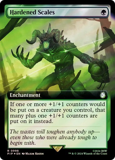 FOIL SURGE BORDERLESS Hardened Scales ~ Commander: Fallout [ NM ] [ Magic MTG ]