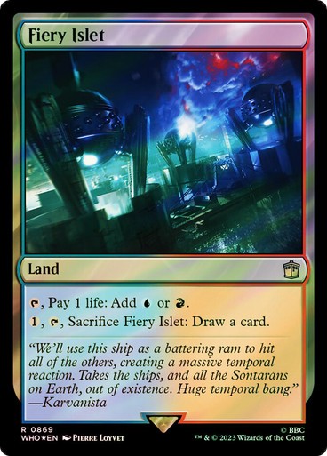 FOIL SURGE BORDERLESS Fiery Islet ~ Commander: Doctor Who [ NM ] [ Magic MTG ]